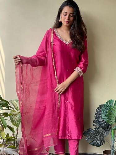 Image of ANNI Designer Women's Pure Cotton Kurta Plazzo Dupatta Set | Hand Embroidered Neck Design | Ethnic Wear Kurti Set for Women Cotton Suit Set | Traditional Festive Dress for Women