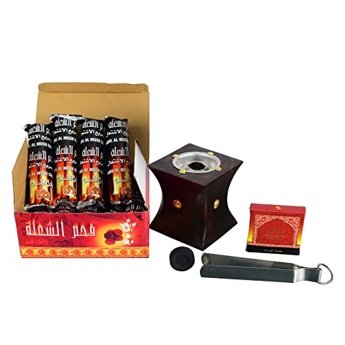 Image of Discrimination Charcoal Box 100 Disc with Tong for Burning Dhoop, Wooden Incense Cone Holder and Bakhoor for Office and Home /Charcoal Box Wooden Holder /Stand