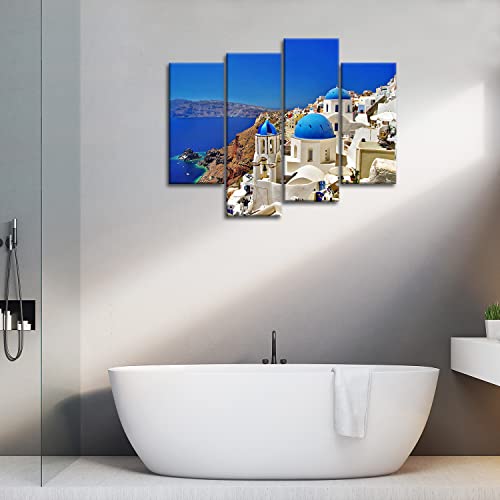 So Crazy Art- Greece Santorini Island Wall Art Decor Mediterranean Blue White House And Sea Canvas Pictures Artwork 4 Panel Nordic Style Painting Prints For Home Living Dining Room Kitchen #TOP4