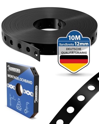 GARSIDURO Montagelochband kunststoffummantelt [12mm x 10m] | Profi Lochband Metall schwarz zur Befestigung von Kabeln Leitungen und Rohren | Flexibles Montageband Stahl Kunststoff Nagelband