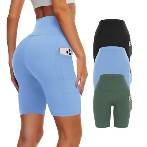3 Pack Biker Yoga Shorts with Pockets for Women, High Waist Tummy Control Workout Running Gym