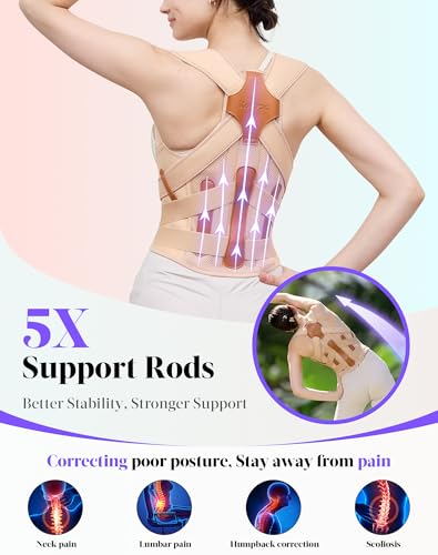 Image of Kepwaa Posture Corrector for Women and Men, 5 Full Back Support Brace Rods, Adjustable Shoulder Straightener, Relief for Upper and Lower Back, Neck, Lumbar, Scoliosis, Hump, Beige, Medium
