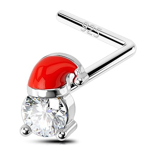 OUFER Christmas Nose Studs, L Shaped Nose Rings, 925 Sterling Silver 20G Nostril Piercing Jewelry, Clear CZ Nose Ring Studs For Women Men-Christmas Tree Santa Claus
