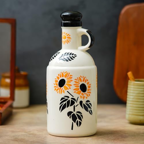 Image of Ceramic Oil Dispenser Bottle 1000ml | Black & Yellow Sunflower Printed Kitchen Oil Container | Refillable Vinegar & Olive Oil Dispenser for Cooking | Pottery Jar with Glazed Finish