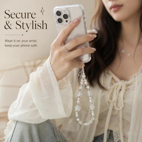 Star Pearl Beaded Phone Charm Strap, Silver White Wrist Lanyard - 1