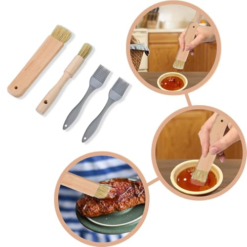 4 Pcs Pastry Brush, Wooden BBQ Basting Brush Silicone Bristle Cooking Brushes Heat Resistant Baking Tools for Cakes Meat Desserts (Flat Handle and Round Handle) - Image 4