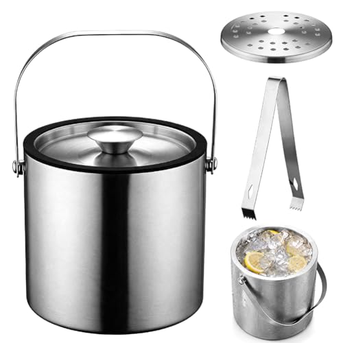 Edelstahl Eisbehälter,Kühler Eiskübel,luftdichtem Deckel Sieb Eiszange,Kühler Eiskübel,WeinEis würfelbehälter doppelwandiger, Isolierter Eiseimer Bier Champagner (2L)