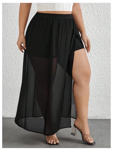 Women's Plus Size Split Thigh Sheer Mesh Skirt High Waisted Summer Beach Long Skirts4