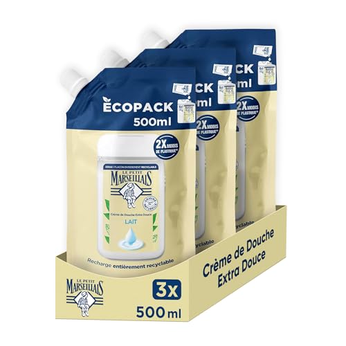 Le Petit Marseillais – Recharge Crème de Douche Extra Douce Lait (écopack de 500 ml) – Gel douche avec 92% d'ingrédients d'origine naturelle – pH neutre pour la peau et sans colorant (Lot de 3)