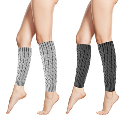 GLAITC Damen Bein BeinwäRmer,2 Paare Warmhalten Gestrickte Beinstulpen,Hohe Beinwärmer Weichen Winter Kabel Socken Flauschig Beinstulpen Für Frauen(Grau + schwarz) Cover