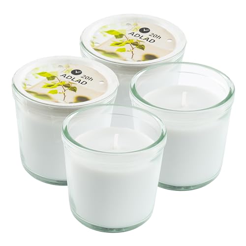 Ikea ADLAD - Velas aromáticas blancas en tarros de cristal, bosques, ámbar y cítricos, 7,5 cm, 20 horas cada una, juego de 4