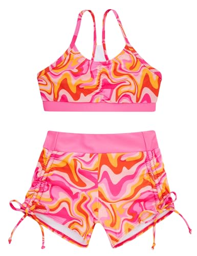 Image of Funnycokid Girls Swimsuit 3 Pieces Zip Rash Guard Bathing Suits Set Kids Bikini Boyshort Summer Swimwear 3-14 Years