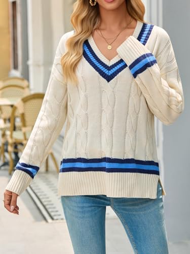 Saodimallsu Womens V Neck Cable Knit Sweaters Long Sleeve Color Block Preppy Sweater Fall Loose Casual Pullover Tops3