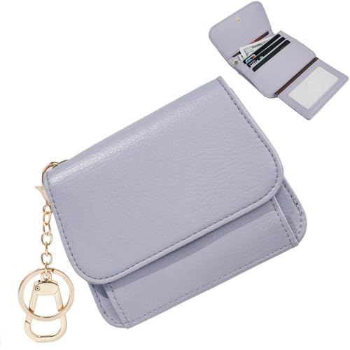 Image of Women Small Wallet RFID Blocking Slim Wallet with Coin Pocket Tri-Fold Credit Card Holder with ID Window and Keychain (Purple)