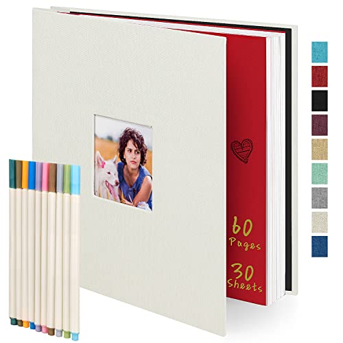 Self-adhesive Photo Album Scrapbook 60 Sticky Pages (11x10.6inch) White Linen for All Size Pictures, With 10 Metallic Pens for Halloween Christmas Honeymoon Anniversary Graduation Vacation Couple