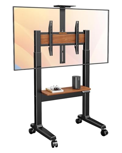 Perlegear Motorized Mobile TV Stand on Wheels for 37–86 Inch TVs up to 154 lbs, Electric Height Adjustable Rolling TV Stand, VESA 200x200–600x400mm, Wooden Shelf & Panel, PGTVMC26B