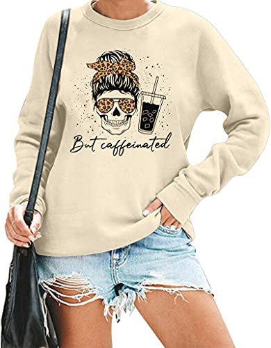 Mousya Women Skull Sweatshirt Casual Coffee Cup Graphic Tee Leopard Skeleton Pullover Funny Letter Print Long Sleeve Shirt #TOP16