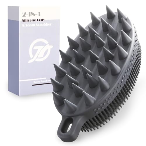 FREATECH Cepillo Silicona de 2 Caras para Limpieza de Piel y Cabello, 2 en 1 Ducha Baño Esponja Cepillo Corporal Silicona y Champú Cuero Cabelludo Masajeador Exfoliante, Fácil de Limpiar, Negro