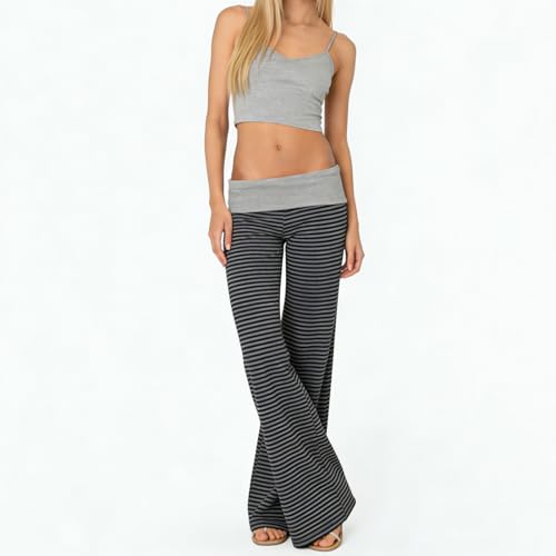 Image of Lounge Yoga Pants for Women Fold Over Low Waist Wide Leg Bell Bottoms | Y2K Foldover Pants, Flare Leggings, Low Rise Yoga Sweatpants