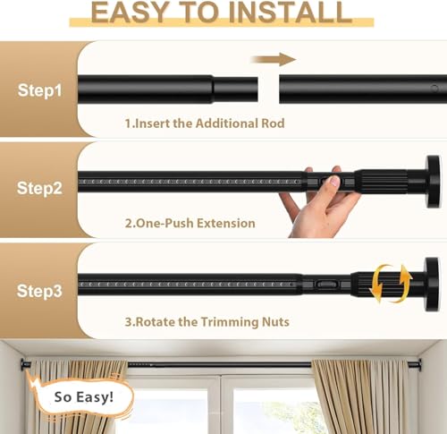 Image of Black Tension Curtain Rod 41-166In(4-14Ft),Extra Long Outdoor Curtain Rod No Drilling for Window or Bathroom Patio(2Pack)