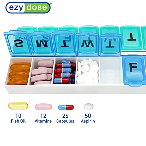 Image of EZY DOSE Weekly (14-Day) Pill Organizer, Vitamin and Medicine Box, Large Snap Compartments, Easy-To-Open, BPA Free, Blue and Green