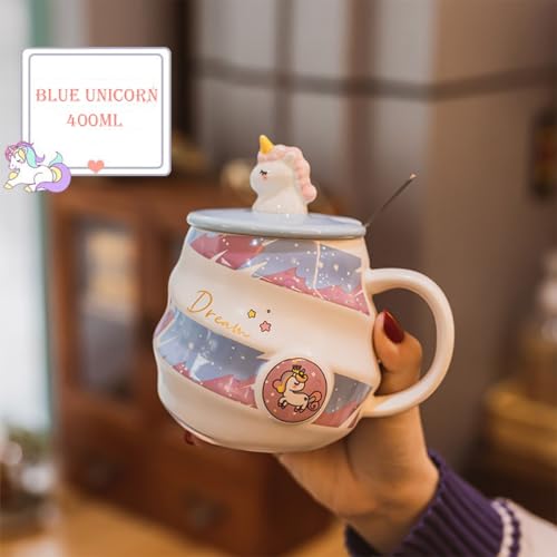Image of Spooky Unicorn Ceramic Mug with Lid and Spoon - 400ml Cartoon Coffee Cup for Kids, Girls & Women - Gift for Birthday, Office, Christmas, Valentine's Day - Ins-Style Animal Tea Mug (Blue)