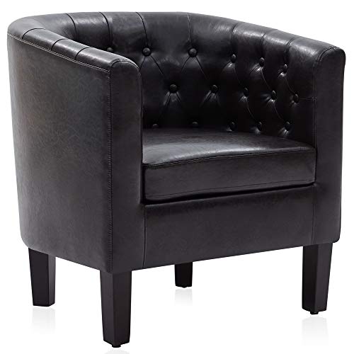 Image of BELLEZE Brown Accent Chairs for Living Room, Elegant Arm Chair Upholstered Tufted Barrel Chair Club Chair for Bedroom with Sturdy Legs and Faux Leather - Berlinda (Brown)