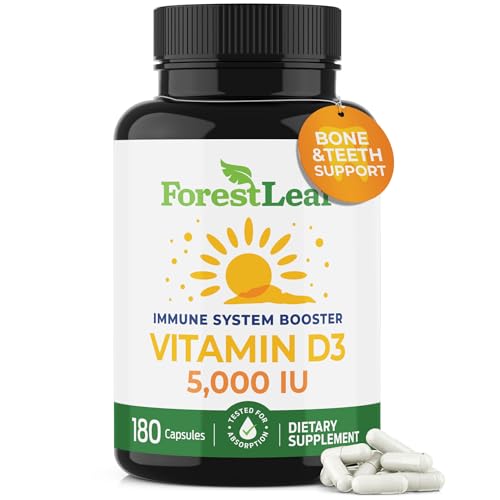 ForestLeaf Vitamin D3 5000 IU | VIT D - VIT D3 Vitamin D Supplements for Women and Men | Bone Health, Teeth and Immune Support | Easy to Swallow Pills | One Capsule Daily, 6-Month Supply, 180 Count