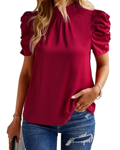 BTFBM Womens Tops 2026 Dressy Casual Blouses Summer Spring Clothes Mock Neck Short Sleeve Shirts Business Work Fall Outfits(Solid Wine Red, X-Large)