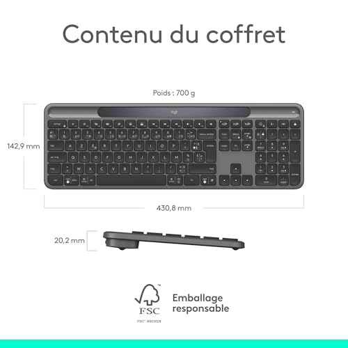Logitech Signature Slim Solar+, Wireless Keyboard Powered by Solar and Artificial Light, Durable Battery for up to 10 Years, Customizable Keys, Bluetooth, French AZERTY Keyboard Graphite