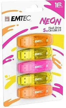 EMTEC C410 Neon 16GB Flash Drive - USB 2.0 - Transparent Neon with Cap, Pack of 5