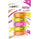 EMTEC C410 Neon 16GB Flash Drive - USB 2.0 - Transparent Neon with Cap, Pack of 5