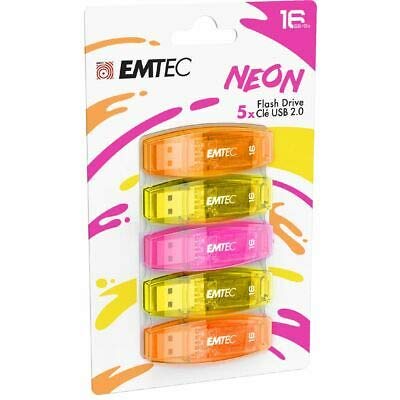 EMTEC C410 Neon 16GB Flash Drive - USB 2.0 - Transparent Neon with Cap, Pack of 5