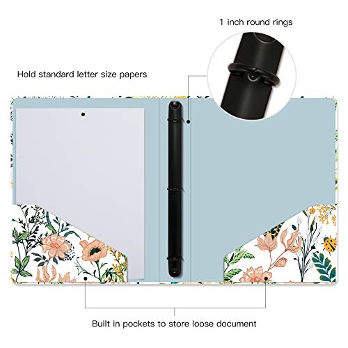 Image of 3 Ring Binder 1 Inch Ring, Fashion Design Binder for School, Home, Students, Women, Cute Custom Pattern with Hold Letter Size Interior Pockets,Flowers