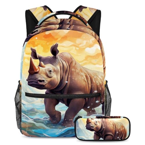Sac à dos avec trousse à crayons Rhino marron grand sac d'école pour fille et garçon