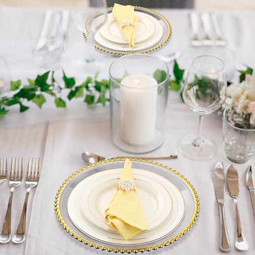 50-Set-100-Pcs-Clear-Charger-Plates-Bulk-and-Napkin-Rings-13-Plastic-Round-Dinner-Chargers-Serving-Plates-with-Beaded-Rim-Clear-Table-Decorative-Plates-for-Party-Wedding-EventGold