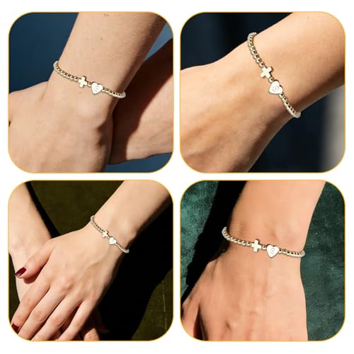 Mikovivi Women's Cross Bracelet with Initial Beads, Elastic Heart Alphabet Charm Stackable Beaded Bracelet Religious Christian Jewelry Gift (Letter S) by Mikovivi - Used condition - Image 7