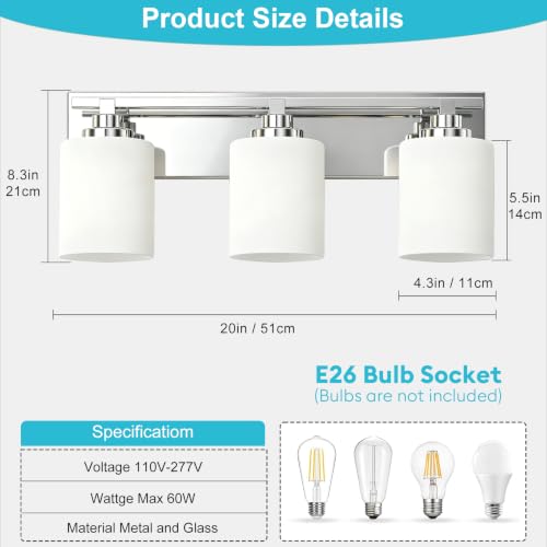 Image of Modern Bathroom Lighting Fixtures Over Mirror, Vanity Lights for Bathroom, Wall Sconces with Milky White Glass Shades, E26 Ceramic Socket, 3-Light 20-inch Chrome