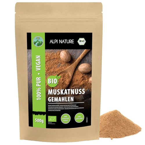 Alpi Nature Nuez Moscada Orgánica Molida 500g, Especia de Nuez Moscada en Polvo para Cocinar y Hornear