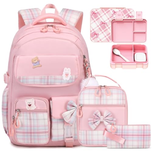 ACESAK 4PCS Bow Backpack for Girls with Bento Box & Lunch Bag Pencil Case