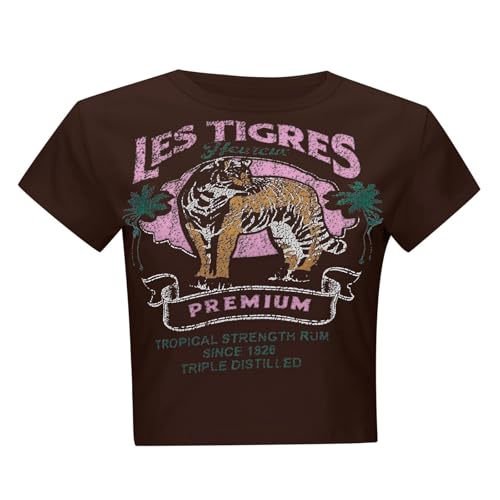 Camiseta de cuello redondo para mujer, estampado de tigre, corte corto, sexy, ajustado, camiseta de luto, color negro, Color rojo., M