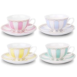 Vintage Ceramic Teacup and Saucer Set 7 oz (Yellow Green Pink Blue)