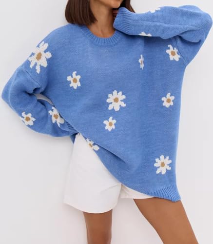 Daisy Knit Sweater for Women Flower Prints Long Sleeve Round Neck Lightweight Loose Pullover Sweater Tops3