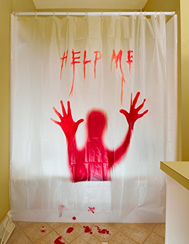 PREXTEX 3 PC Horror Bloody Halloween Décor Includes: Bloody Help Me Shower Curtain, Bloody Footprints Floor Clings and Keep Out Bloody Stickers