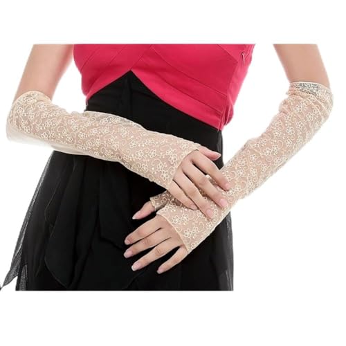 Nappaglo Women's Long Leather & Lace Unlined Gloves Sexy UV Block Summer Sunscreen for Driving Party Prom Banquet (X-Large, Beige)