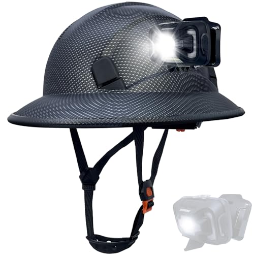 SAFEBUILDER Full Brim Hard Hats with Headlight Safety Helmet Lightweight Adjustable Vented 6 Point Suspension Construction Outdoor Work ANSI Approved (Matte Black-LRHL01 Lamp)