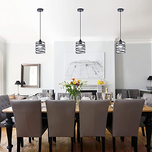 FISGONI Modern Mini Pendant Light Fixture 3-Pack Kitchen Island Pendant Lighting 6.3''Matte Black Spiral Cage Handblown Clear Seeded Glass Shade Adjustable Cord for Dining Room by FISGONI - Used condition - Image 8