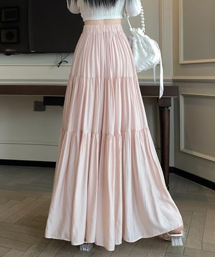 chouyatou Women's Summer A-Line Flare Tiered Maxi Skirt High Waist Flowy Swing Long Pleated Skirts2