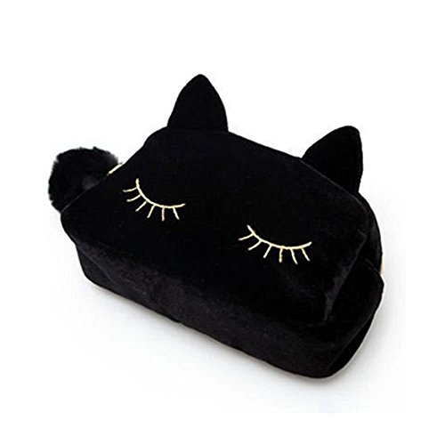 NOVAGO - Trousse à Stylo ou à maquillage en velours en forme de chat mignon (Noir)