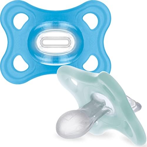MAM Comfort All-Silicone Soothers 2-6 Months - Size 2 (Pack of 2), Lightweight Baby Soother, Newborn Essentials with Self-Sterilising Case, Grey/Blue (Designs May Vary)
